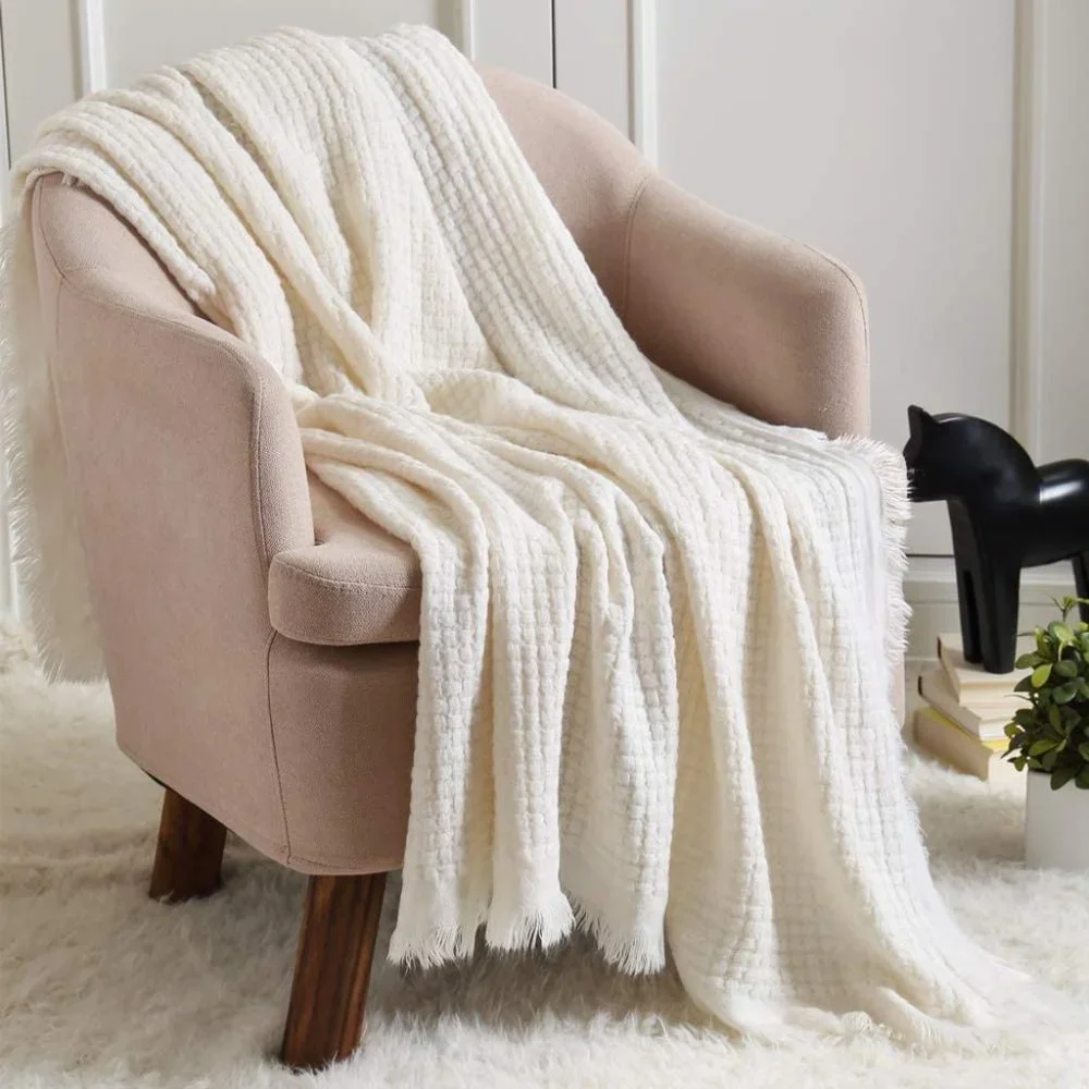 Pink Farmhouse Throw Knitted Throw Waffle Throw White - Picture 3 of 6